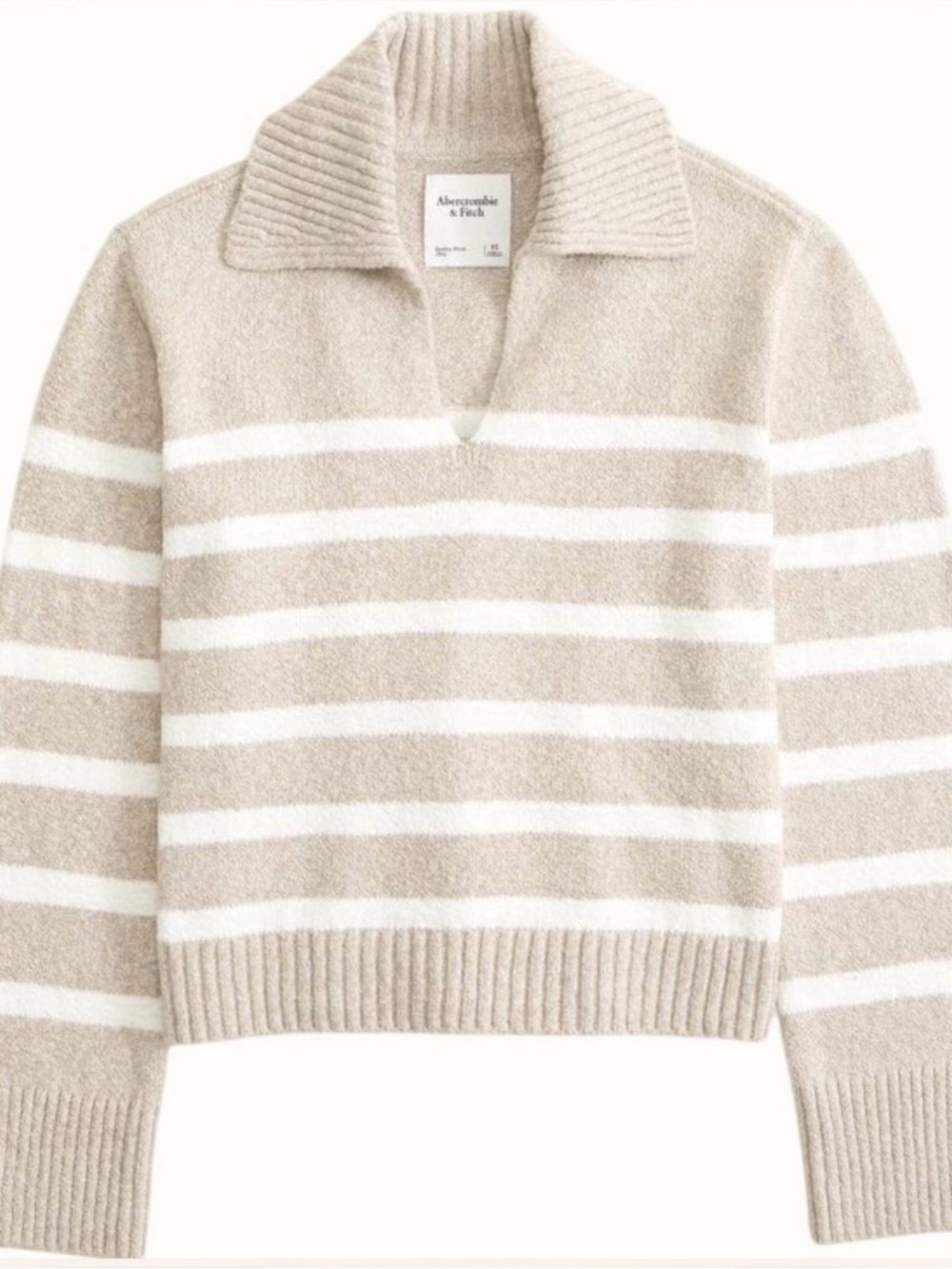 Abercrombie & Fitch Beige and White Striped V-Neck Collared Sweater